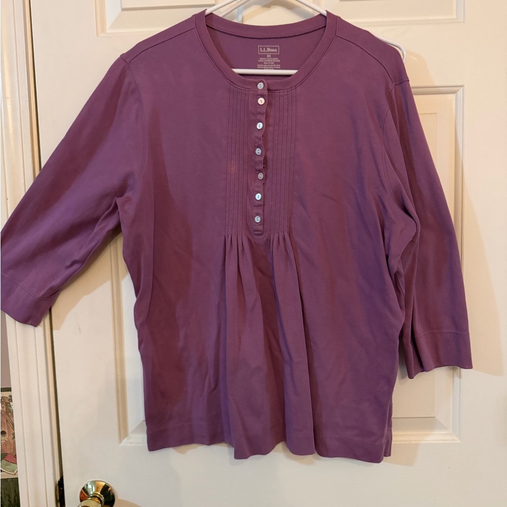 L.L. Bean Women's Supima Cotton Plum Pintuck Button-Front 3/4 Sleeve Top